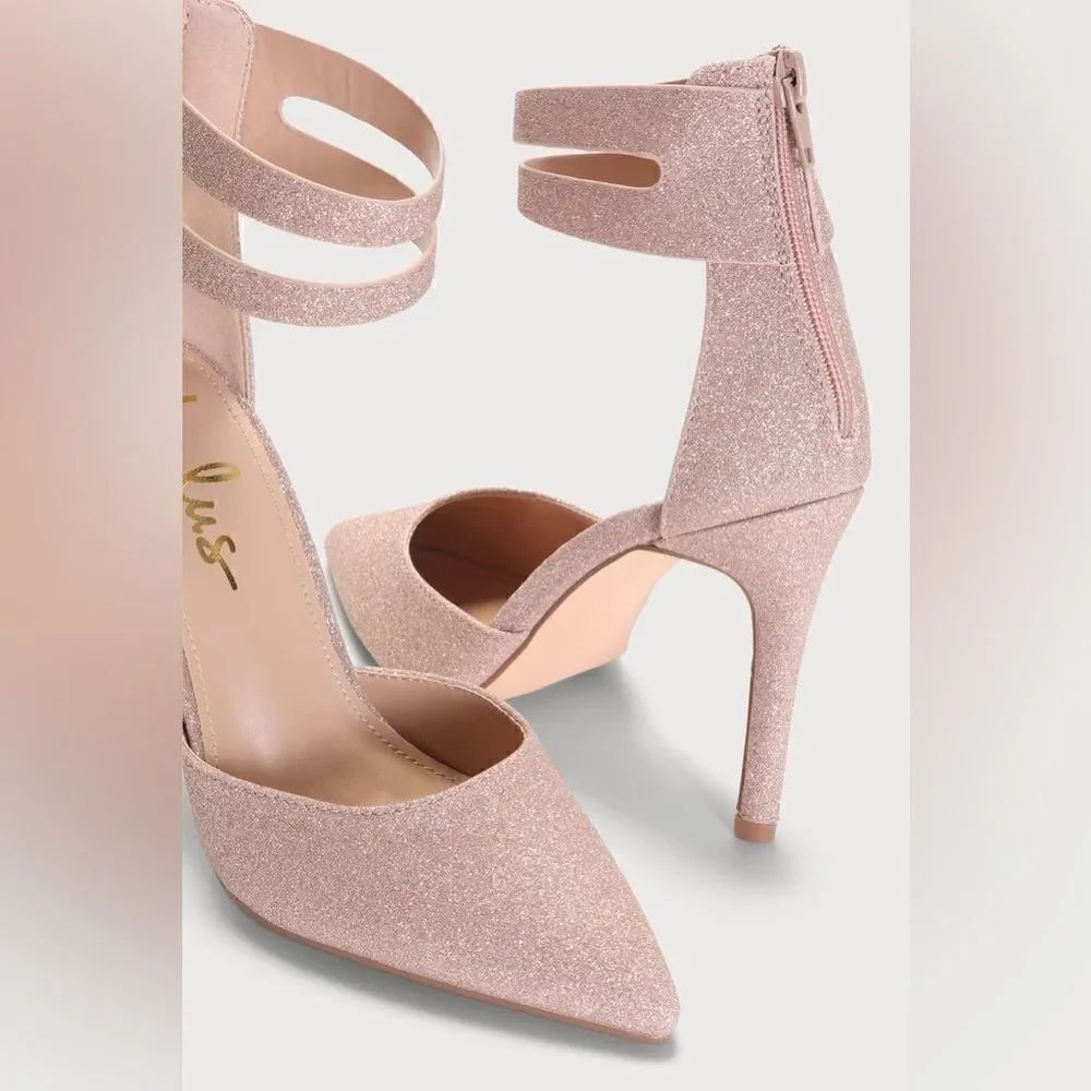 NWT Billyy Rose Gold Glitter Pointed-Toe Ankle Strap Heels, size 8.5. - Picture 3 of 4